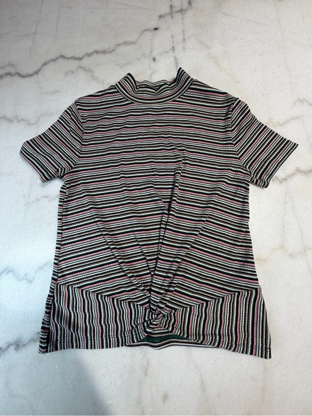 art class Black, Pink & White Striped Short Sleeve Mock Neck Top
